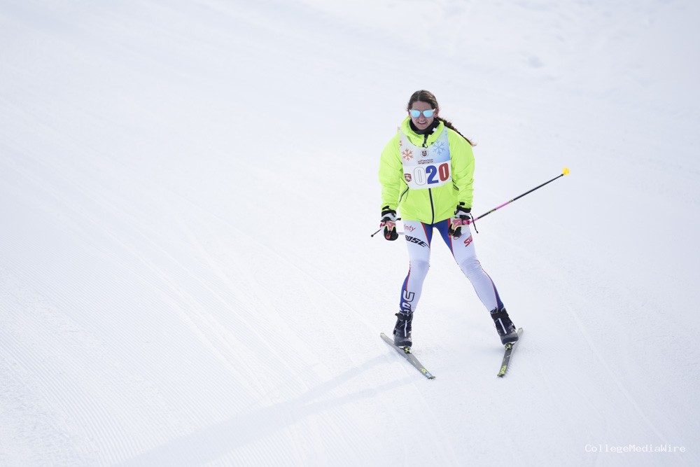 An athlete skiing in the snow